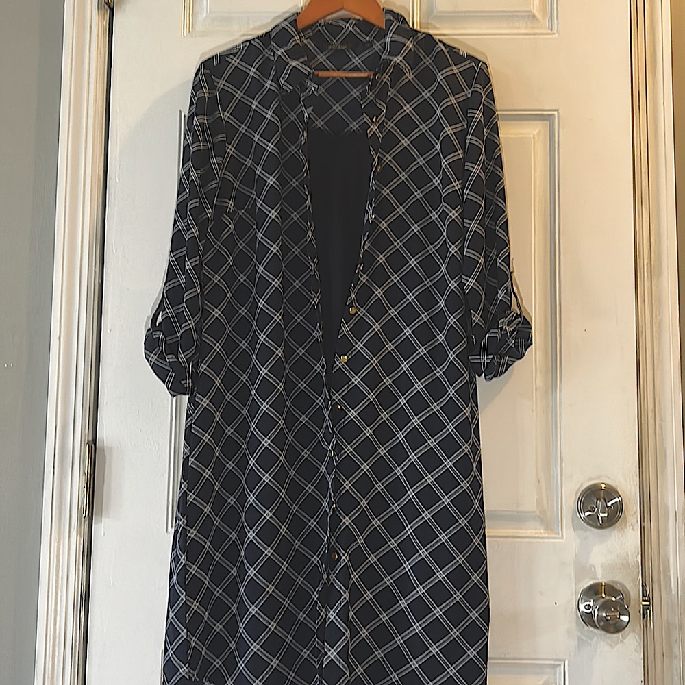Mlle Gabrielle size L blue and white dress with blue tank slip
